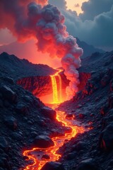 Lava vent with flowing molten rock and surrounding ash clouds, glowing rock, fiery rock