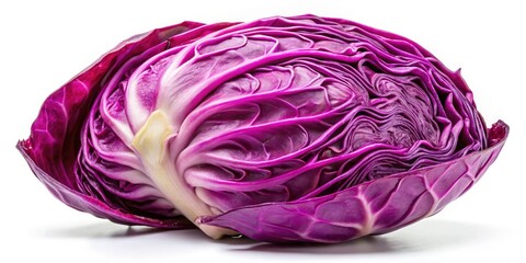 Obraz premium Fresh Purple Cabbage, Vibrant Purple Cabbage Photo, Closeup Purple Cabbage Image, Purple Cabbage on White Background, High-Resolution Cabbage Picture