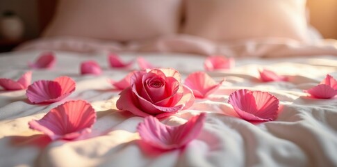 Morning light highlights pink rose petals on a bed, bedding, soft glow