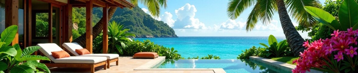 Private garden with tropical plants and flowers, natural beauty, seaside retreat