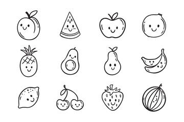 Fruits funny characters with a smile doodle hand drawn icon set. Different variable fruits happy smiling drawing clipart outline element.