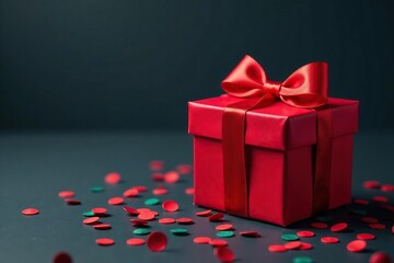 Red gift box with confetti scattered on dark background, ribbon, present, red gift box