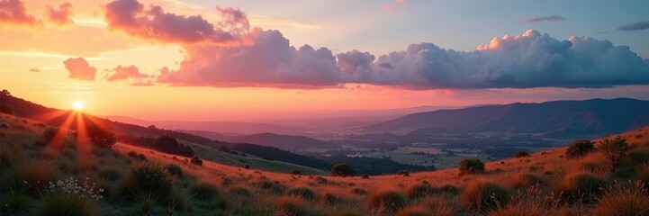 Obraz premium Serene dawn scene in a national reserve with rolling hills and low-hanging clouds, cloud, natural, landscape