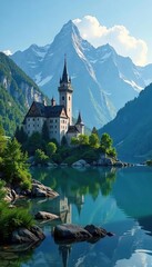 Serene mountain landscape with a castle and lake, peaceful ambiance, relaxing scene