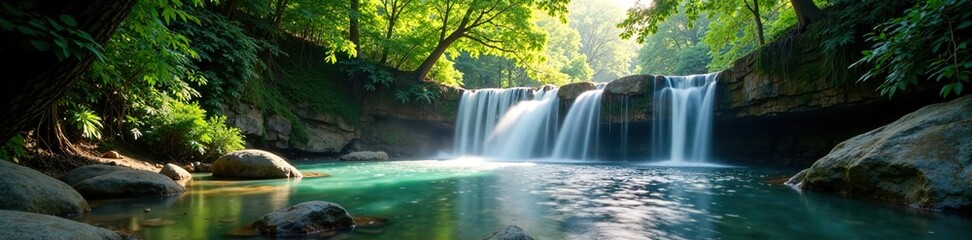 Fototapeta premium Shimmering water features in the heart of the forest, Waterfall, Shimmering water, Tranquil