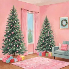 A cozy living room with two festive Christmas trees. a pink rug. a sofa. gift boxes. curtains. and a framed picture.