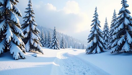 Fototapeta premium Snowy forest landscape with white felt texture background, frozen, snow