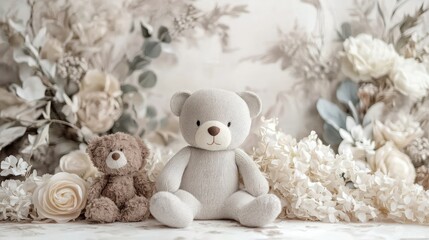 An adorable soft background featuring plush toys and soft colors, creating a warm and inviting atmosphere for baby portraits