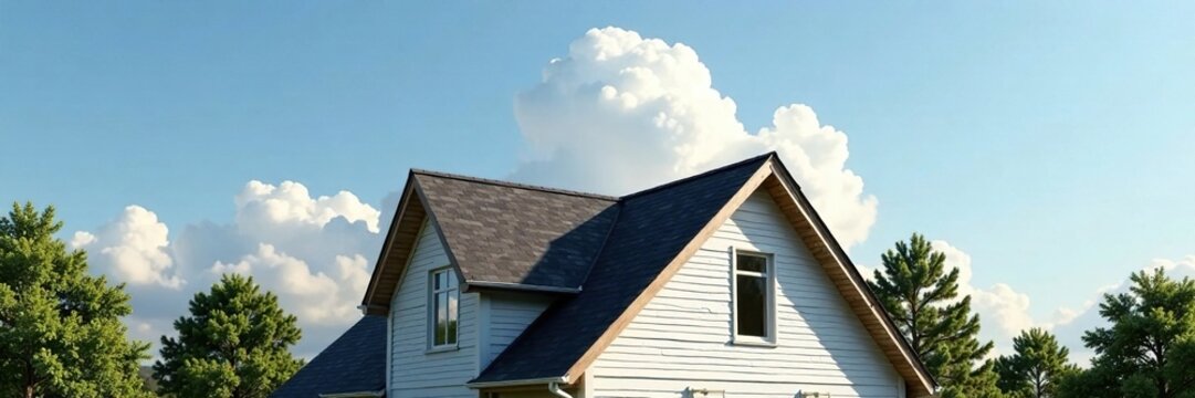 A soft, white cloud forms at the peak of a house's roofline, natural scenery, house exterior, asperatus clouds