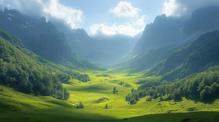 Obraz premium A bright, green valley is shown from a slightly elevated perspective, enclosed by high, rocky mountains