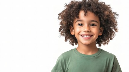 Happy Middle Eastern Boy with Curly Hair in Green Shirt Smiling