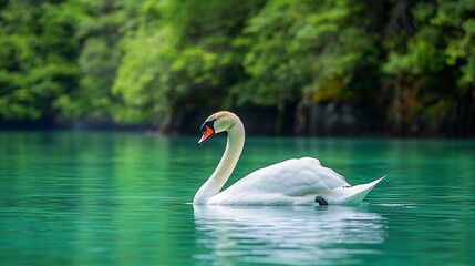 Majestic Swan Floating on Glassy Mint-Green Lake with Lush Verdant Shoreline