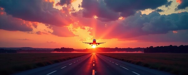 Sunset landscape with an airplane landing in the distance, twilight, clouds, airfield