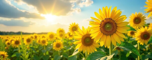 Obraz premium Sunny field of blooming sunflowers towering above the grass and under a brilliant sunny sky, sunlight, yellow