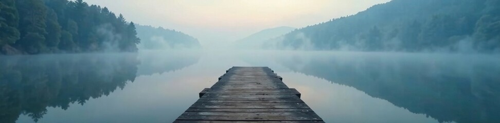 Fototapeta premium The wooden dock disappears into the foggy depths of the lake like a hidden world, seclusion, shadows