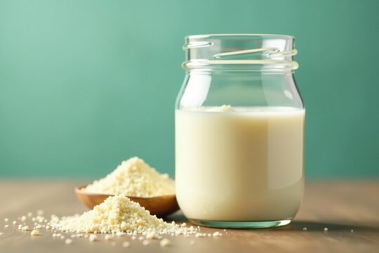Colostrum supplement powder in a glass jar placed on the same table as the glass of milk, cow health, nutritional aid