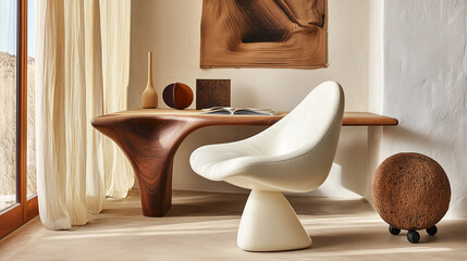A minimalistic and modern home office with an ivory desk, a white swivel chair, a black wheeled base, beige curtains, natural window light,  Made by AI.