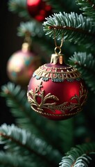 Vintage glass ornament on a frosted evergreen tree branch, vintage, festive, season