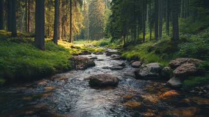 spring forest nature, beautiful spring stream, river rocks