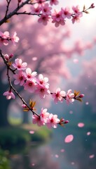 Obraz premium Delicate cherry blossom branches dance in wind, nature, calm