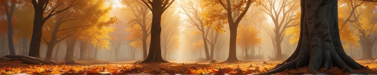 Fototapeta premium Warm sunlight filtering through the foliage on autumn leaves scattered on the ground near a bare tree branches, nature landscape, autumn colors