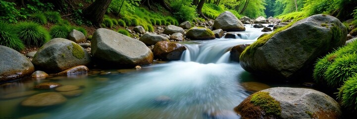Water flowing between mossy stones in a shallow mountain stream, stones, moss, water
