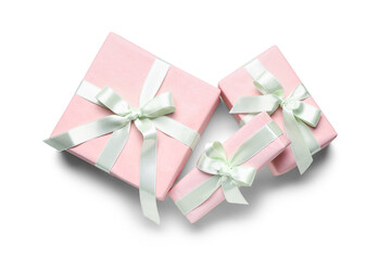Pink gift boxes on white background. International Women's Day