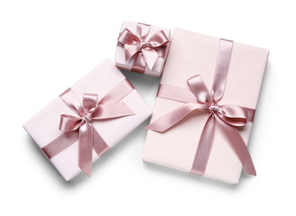 Gift boxes with pink bows on white background. International Women's Day
