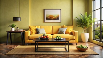 Fototapeta premium Modern Living Room Mockup, Yellow Sofa, Black Coffee Table, Food Photography, Interior Design, Room Scene