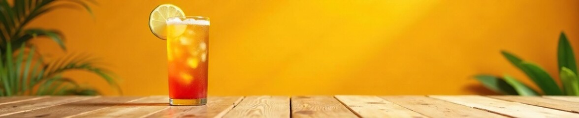 Italian summer afternoon with aperol spritz on a wooden table on an orange background, italian summer, yellow and orange hues