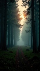 Obraz premium Misty forest at dusk, fading light casting long shadows, natural phenomena, mist