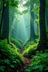 Obraz premium Overgrown ferns and lush greenery in a misty forest environment, wild, misty