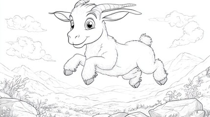 Obraz premium Happy Cartoon Goat Jumping Over Rocks - Children's Coloring Book Page