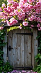 Peach blossoms in full bloom on a weathered wooden gate, wood, trees