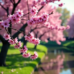 Obraz premium Pink blossoms on redbud tree branches hanging over water, flowers of spring, redbud tree, greenery
