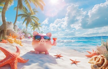 Piggy bank enjoying tropical beach vacation. (1)