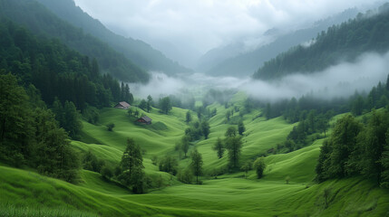 Obraz premium A landscape photo features a lush green valley surrounded by forested mountains