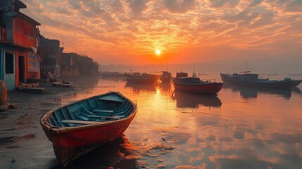 Serene Morning at Fishing Port with Colorful Boats