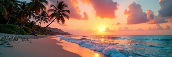 Serene beach at sunset with palm trees and waves, ocean, tranquility