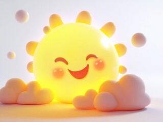 A cheerful yellow cartoon sun with a smiling face is surrounded by fluffy white clouds.