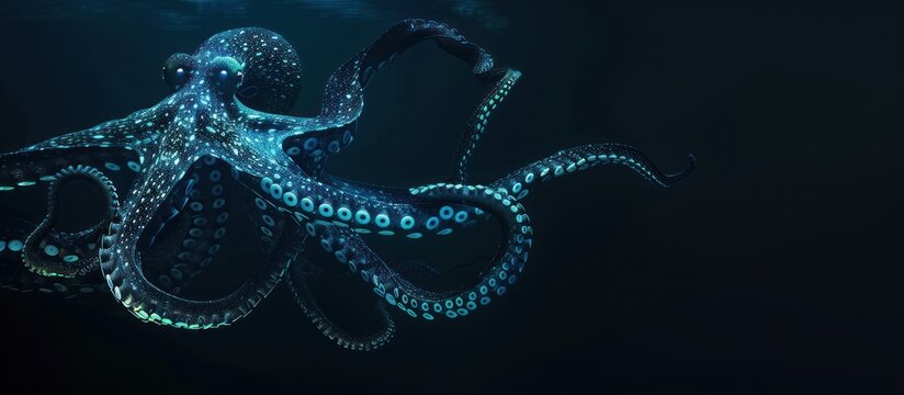 Octopus swimming in the dark ocean with glowing tentacles