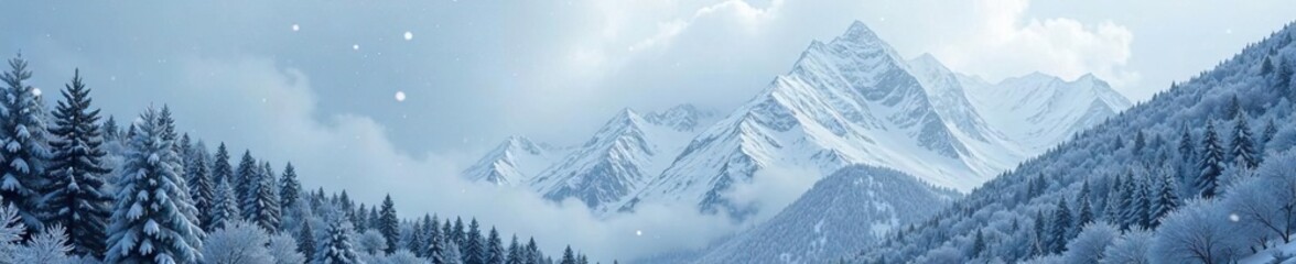 Obraz premium Snowflakes fall from the sky onto a forest-covered mountain, icy, gray, calm