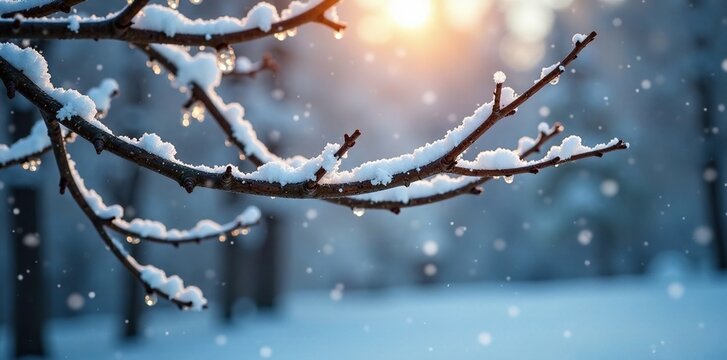 Snowflakes gently falling on bare tree branches, serene, peaceful, branch