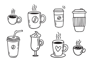 Obraz premium Coffee cups doodle set. coffee cup hand drawn line signs. Outline coffee cups