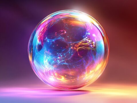 A colorful, glowing sphere with a blue center. The sphere is surrounded by a rainbow of colors, and it is floating in mid-air. The image has a dreamy, ethereal quality to it