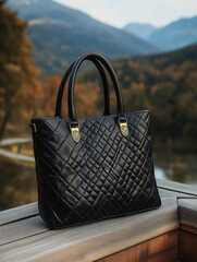 Stylish black quilted leather tote bag rests on wooden surface. Elegant handles, refined design. Luxurious accessories for chic woman. Outdoor setting with mountains, trees in background. Ideal for