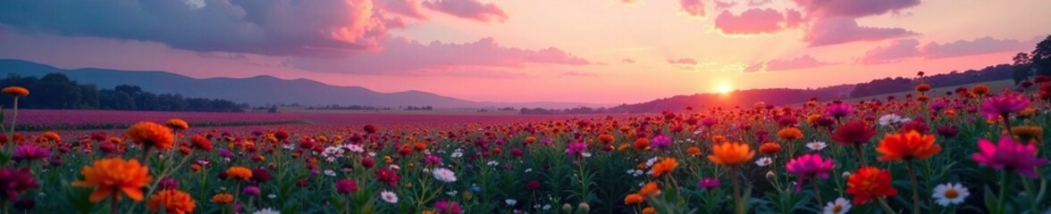 Obraz premium Twilight sky with a sea of vibrant wildflowers stretching towards the horizon, landscape, soft colors, wildflowers