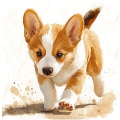 Watercolor Painting of an Adorable Welsh Corgi Puppy Running.