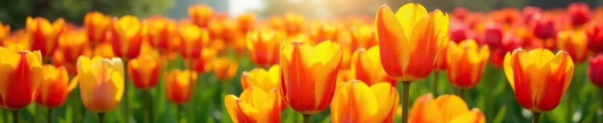 Fototapeta premium Tulip fields with bright orange and yellow flowers, spring flowers, field of flowers