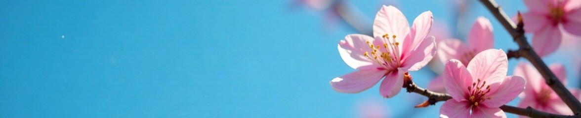 Obraz premium Unfolding petals of a blooming apricot blossom against a brilliant blue sky, clear blue sky, branches, blossom flower